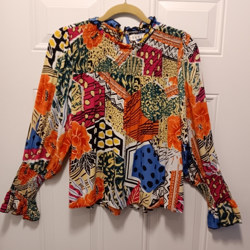 THML| Smocked Bodice Bishop Sleeve Mixed Print Blouse US Med. Colorful Boxy Boho